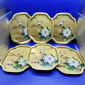 6 Vintage Oriental Vanity Tin Trays Hong Kong - 7.5x6 inch